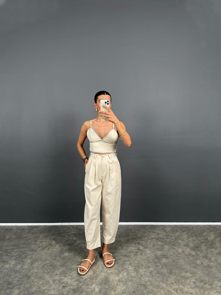 Disy Krem Gabardin Dokuma Paça Detaylı Pantolon