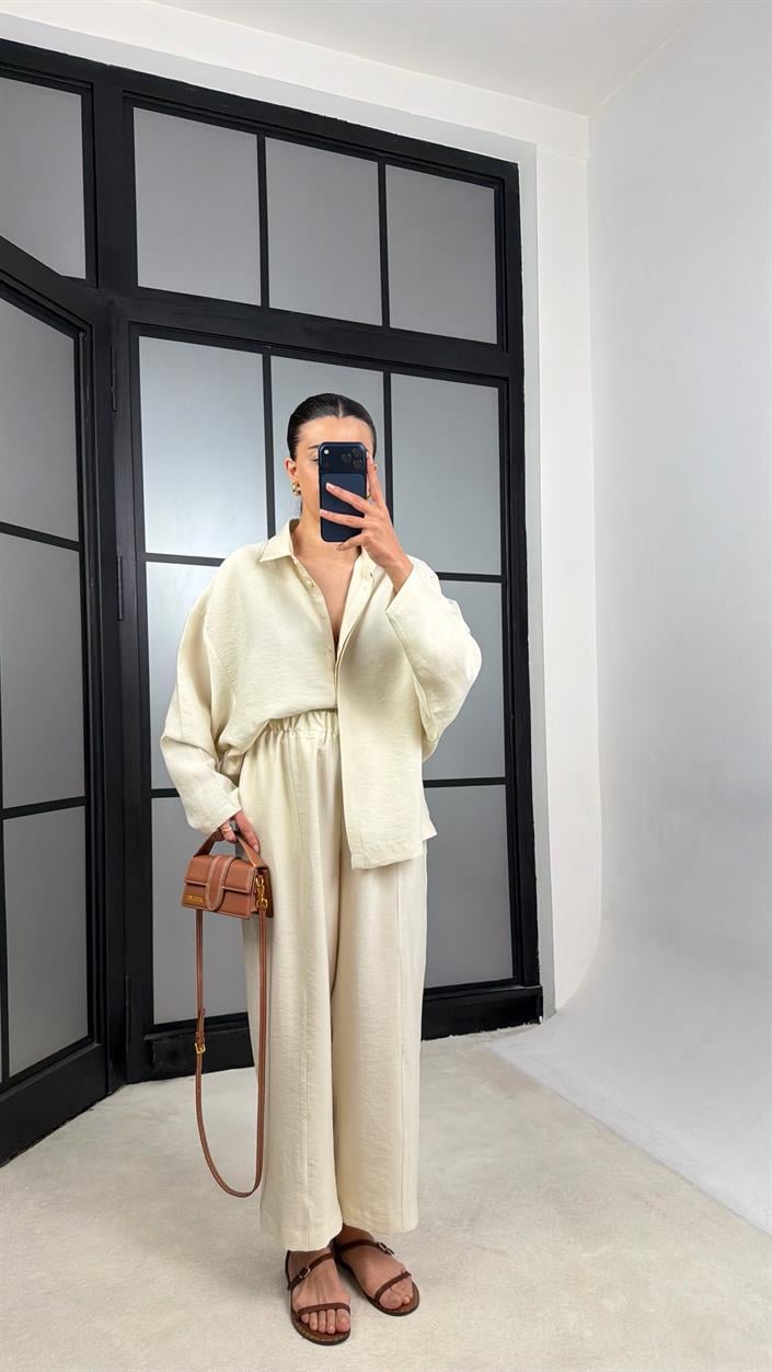 Taş Gömlek Beli Lastikli Pantolon Premium Tencel Kumaş Takım GAUS-01525