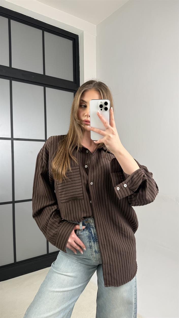 Acı Kahve Şeritli Gömlek GAUS-01062