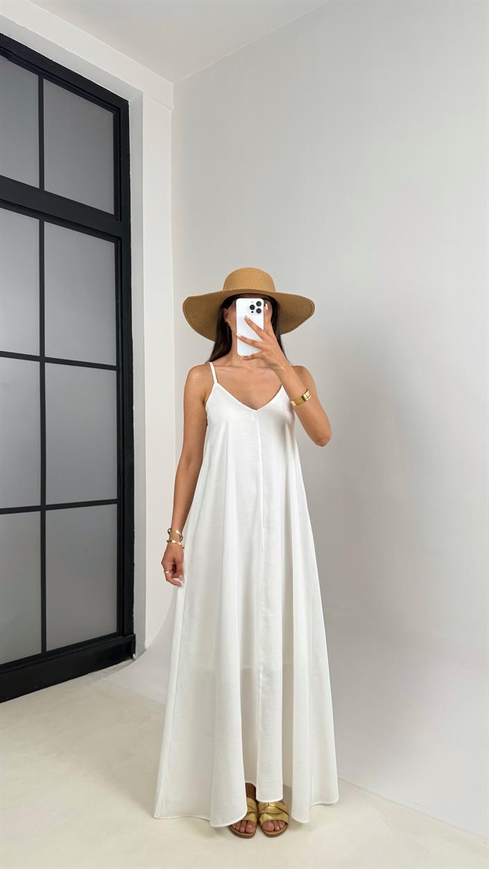 Beyaz Ayarlanabilir Askılı Astarlı Tencel Elbise Gaus00690