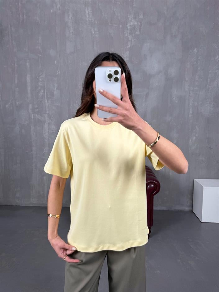 Nivon Sarı Pamuklu Bisiklet Yaka Basic Tshirt