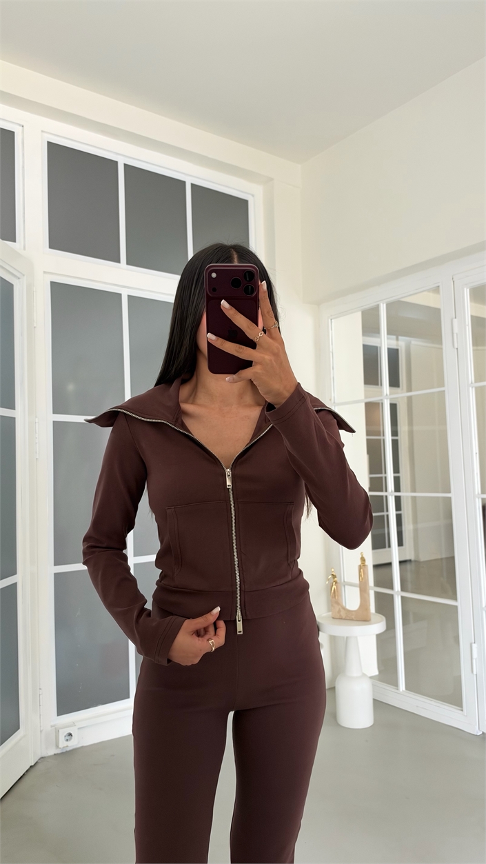 Kahve Geniş Yakalı Crop Hırka Beli Lastikli Eşofman İkili Basic Takım GAUS-02156