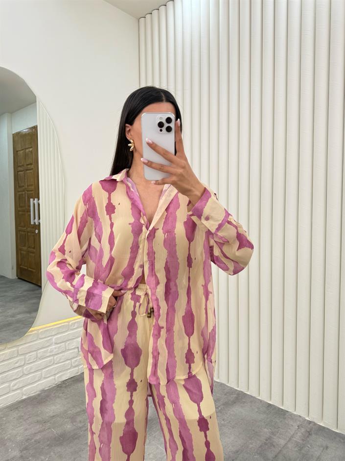 Pembe Yarım Astarlı Desenli Tül Şifon Takım Gaus00281