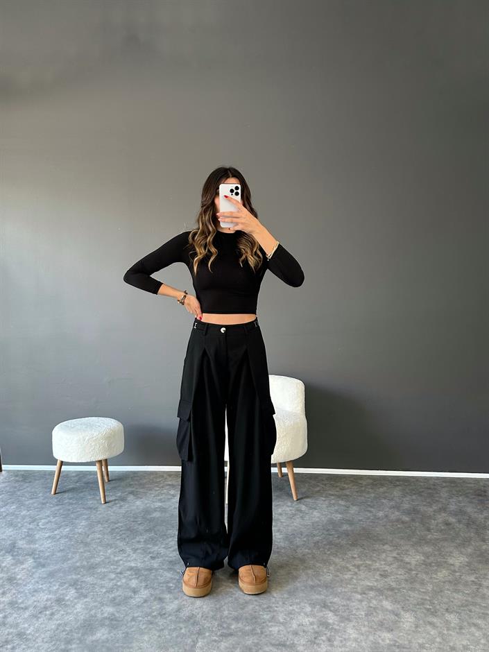 Roy Siyah Kargo Cepli Pensli Pantolon 