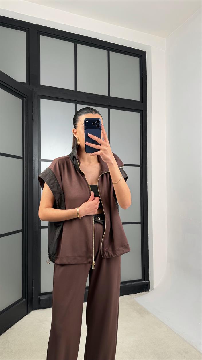 Kahve Paraşüt Kumaş Detaylı Yelek Pantolon İkili Modal Kumaş Takım GAUS-01369