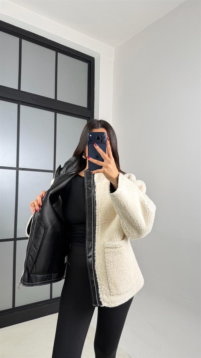 Ekru Deri Astarlı Cep Detaylı Peluş Ceket GAUS-00684