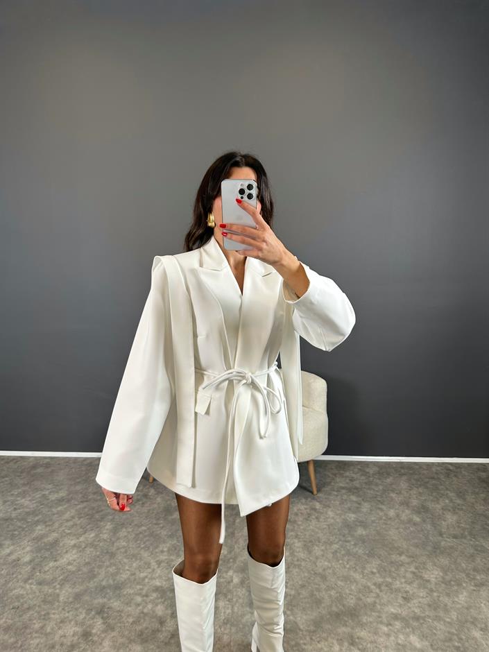 Marisol Premium Beyaz Bağlamalı Astarlı Blazer Ceket