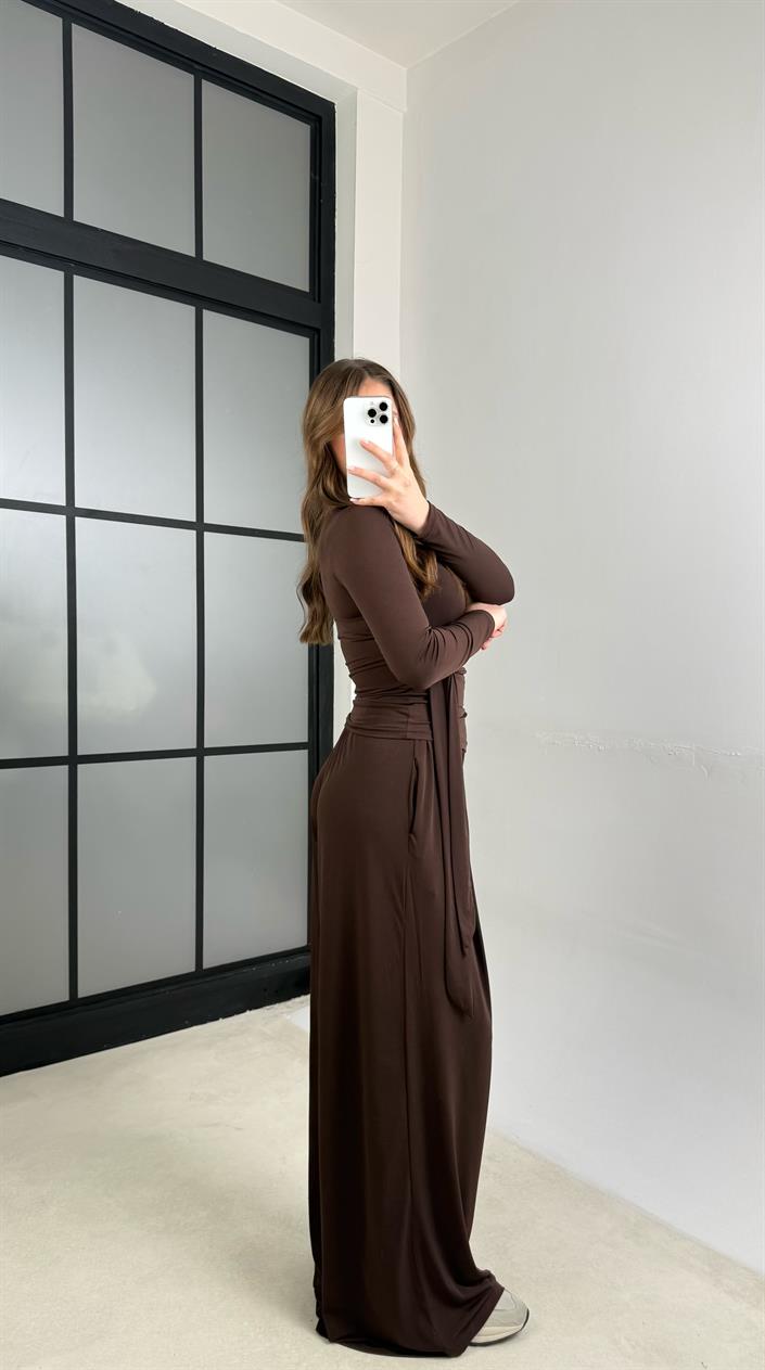 Kahve Bağlama Detaylı  Bluz Beli Lastikli Pantolon Sandy Takım GAUS-01145
