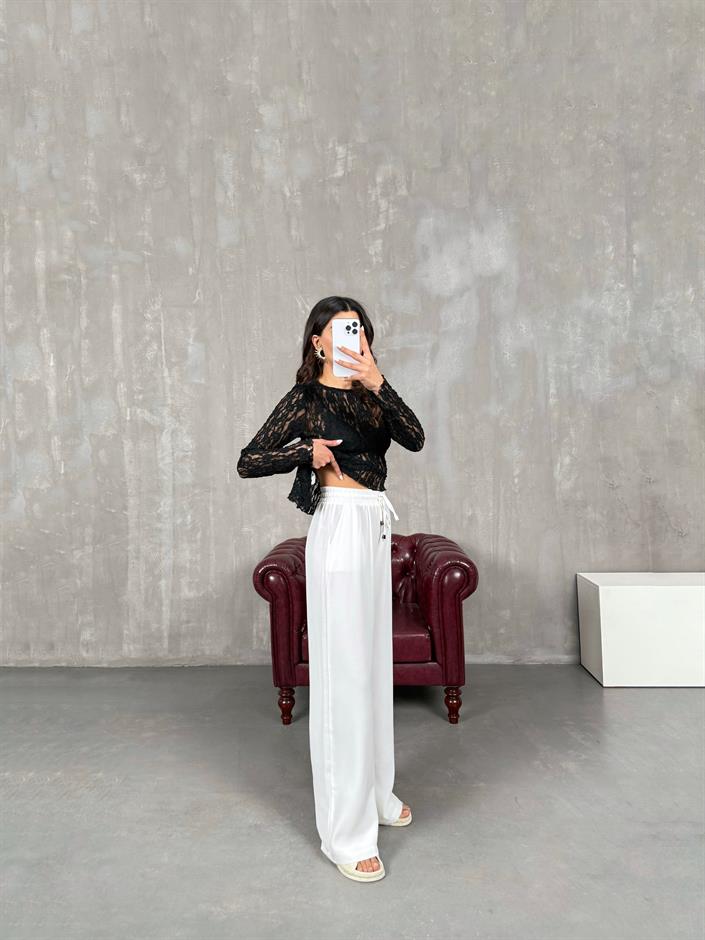 İvo Beyaz Belden İpli Viskon Karışımlı Pantolon