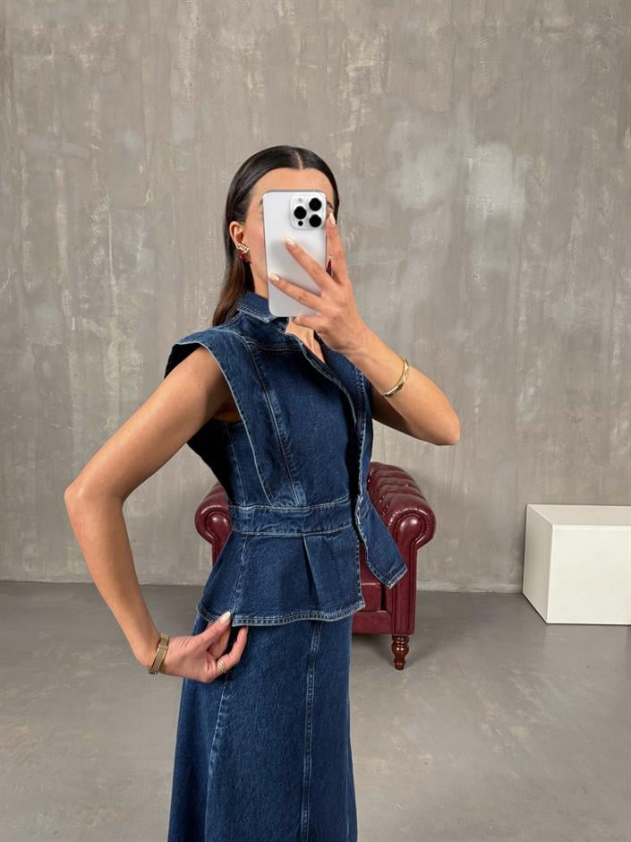 Rose Lacivert Denim Yelek