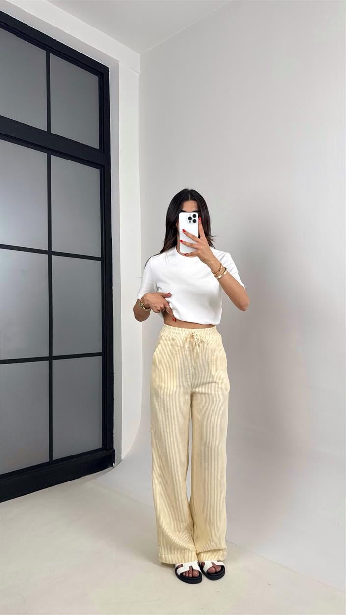 Sarı Beyaz Şeritli Beli Lastikli Keten Pantolon Gaus00479