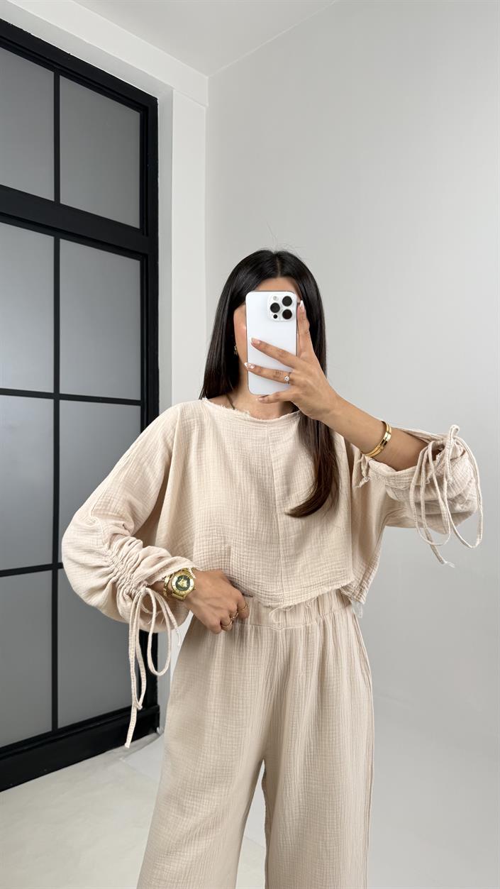 Taş Kol Büzgülü Crop Beli Lastikli Pantolon Tasarım Müslin Takım Gaus00581