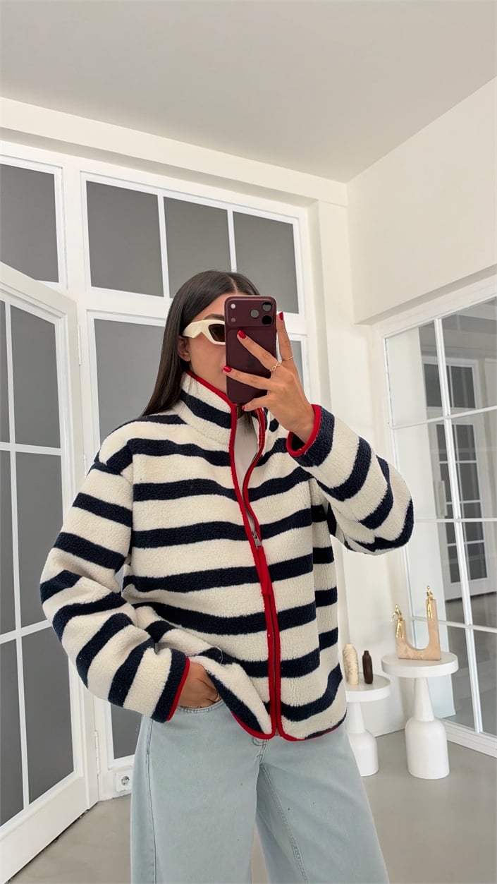 Lacivert Çizgili Kırmızı Şeritli Polar Sweatshirt GAUS-02288 GAUS-01916