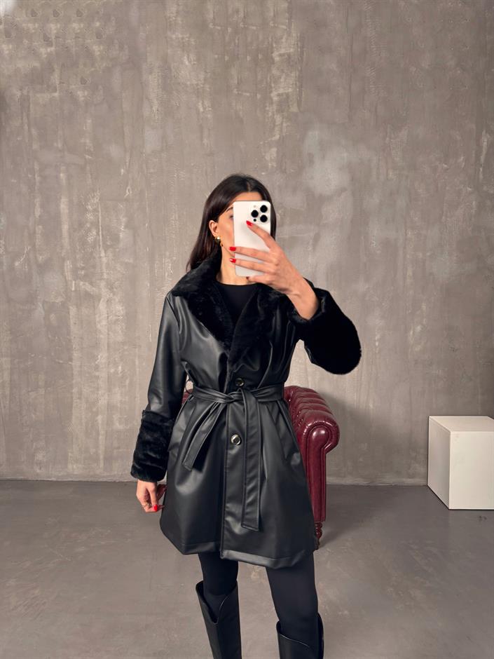 Disce Siyah Peluş Detaylı Astarlı Kuşaklı Deri Trençkot