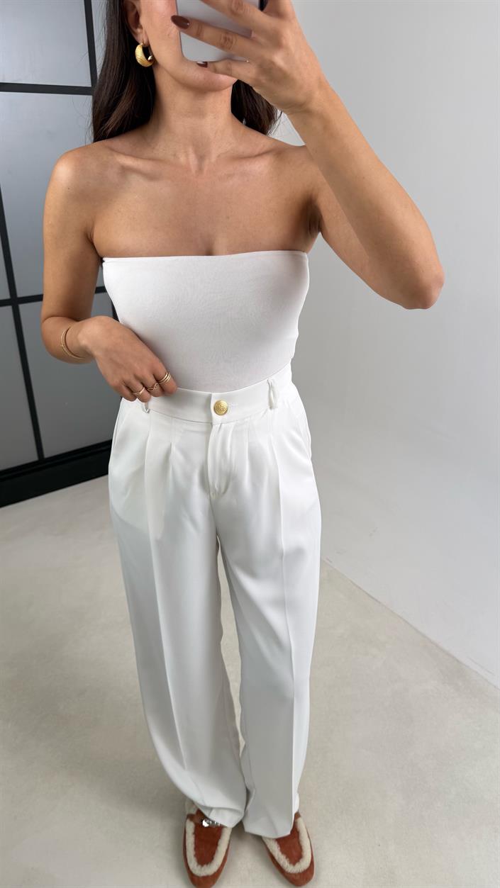 Beyaz Gold Düğmeli Beli Lastikli Premium Pantolon GAUS-00141