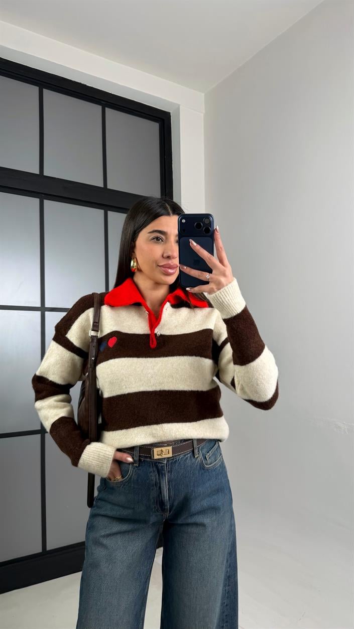 Kahve Polo Yaka Çizgili Yumuşak Dokulu Kazak GAUS-01099