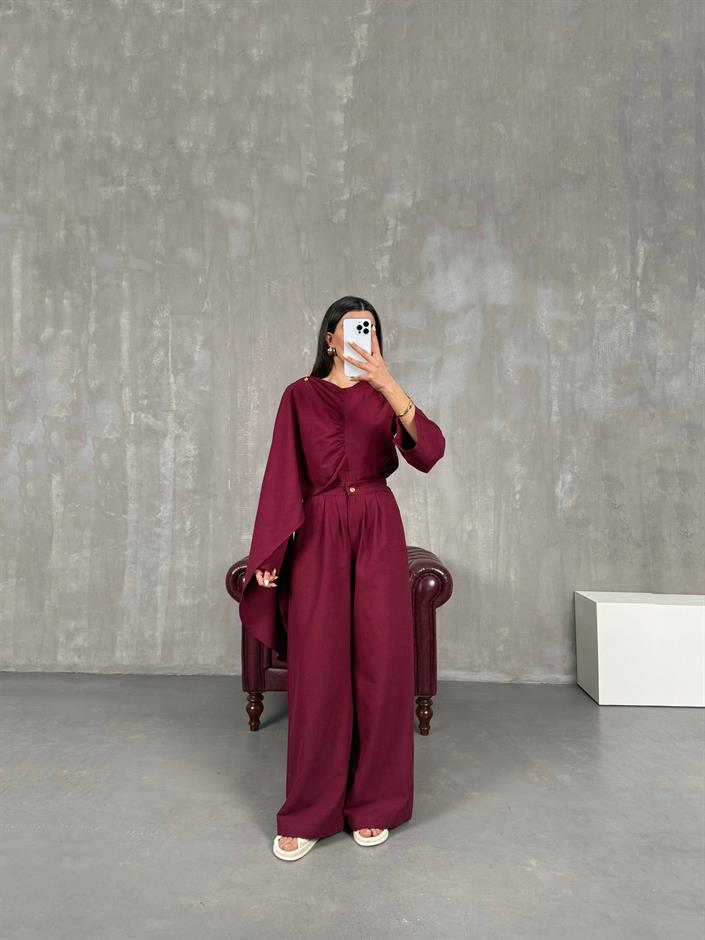 Bordo Şal Detaylı Keten Takım Gaus00142