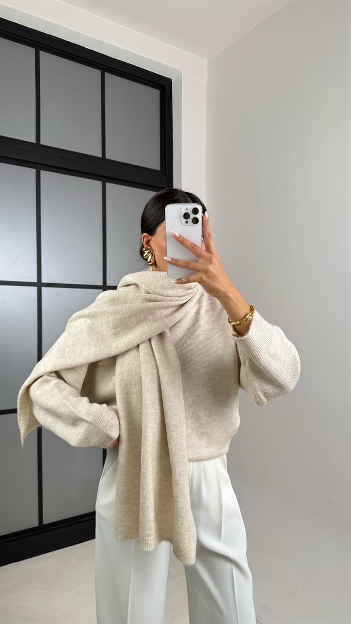 Ekru Şal Detaylı Triko Kazak GAUS-00524