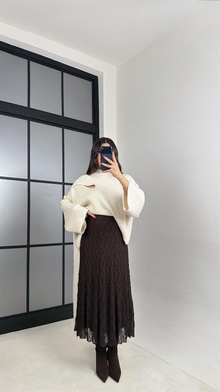 Acı Kahve Beli Lastikli Astarlı Dantel Etek GAUS-00930