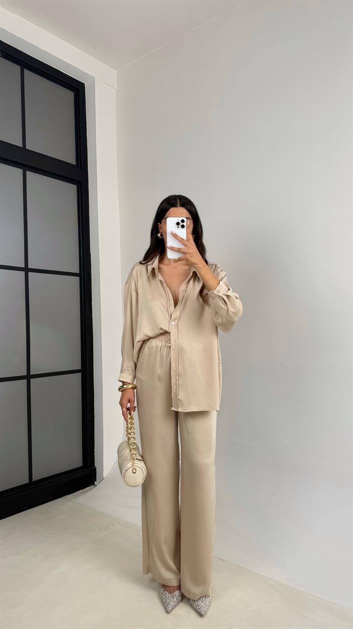 Taş Gömlek Beli Lastikli Pantolon İkili Premium Saten Takım GAUS-0074