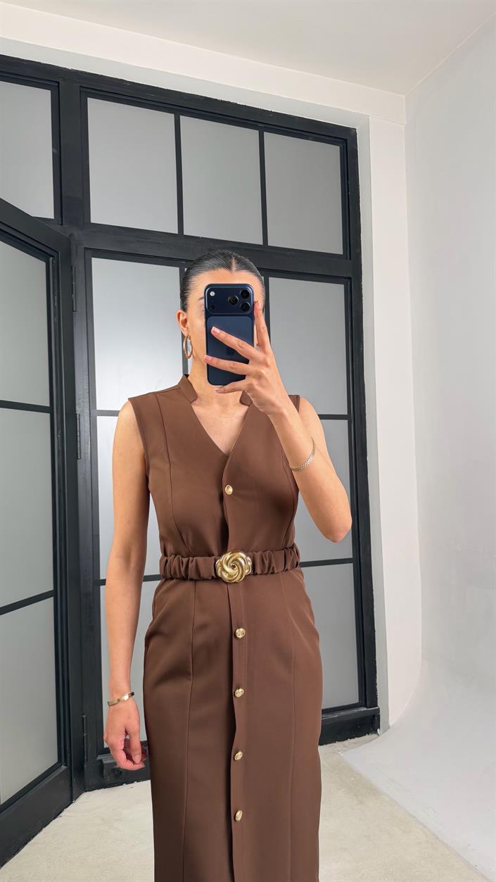 Kahve Kuşaklı Gold Düğme Detaylı Premium Elbise GAUS-01448