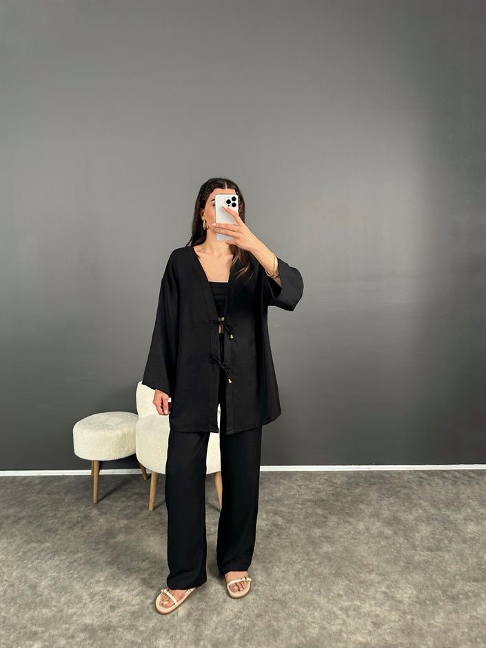 Gai Siyah Kimono Keten Takım