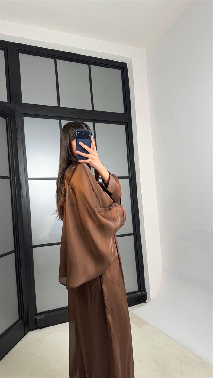 Kahve Transparan Pelerin Beli Lastikli Şalvar Pantolon Premium Tasarım Takım GAUS-01292