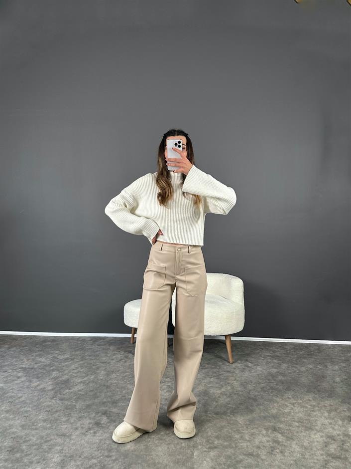 Taş Ön Cepli Şardonlu Deri Pantolon