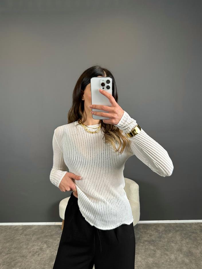 Beyaz Uzun Kollu Transparan Triko 