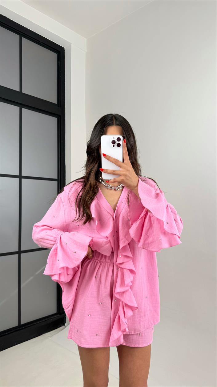 Pembe Yaka Fırfırlı Taş Detaylı Gömlek Şortlu Müslin Takım Gaus00511