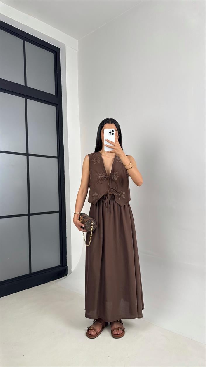 Kahve Önü Bağlamalı Nakışlı Yelek Beli Lastikli Etek Tencel Takım Gaus00556
