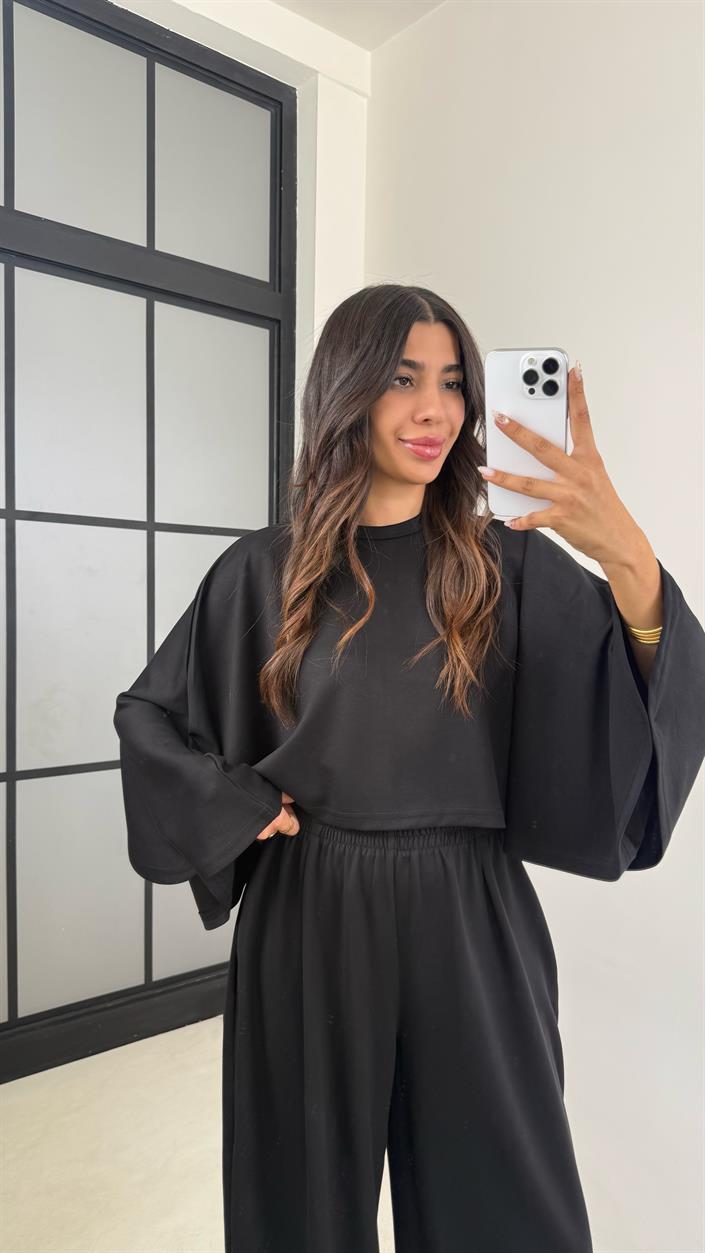 Siyah Yarasa Kol Crop Beli Lastikli Pantolon OYS Muadil Modal Takım GAUS-0080