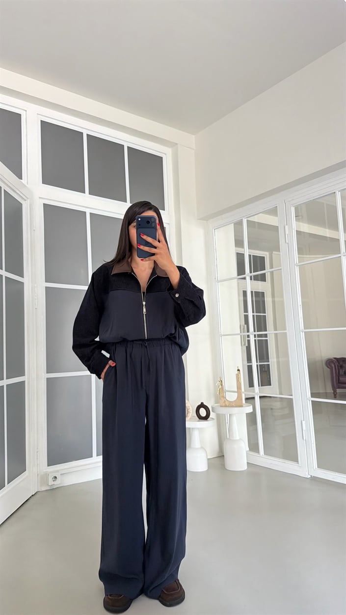 Lacivert İPKYL Deri Yakalı Astarlı Denim Detaylı Ceket Beli Lastikli Pantolon İkili Tencel Takım GAUS-01842