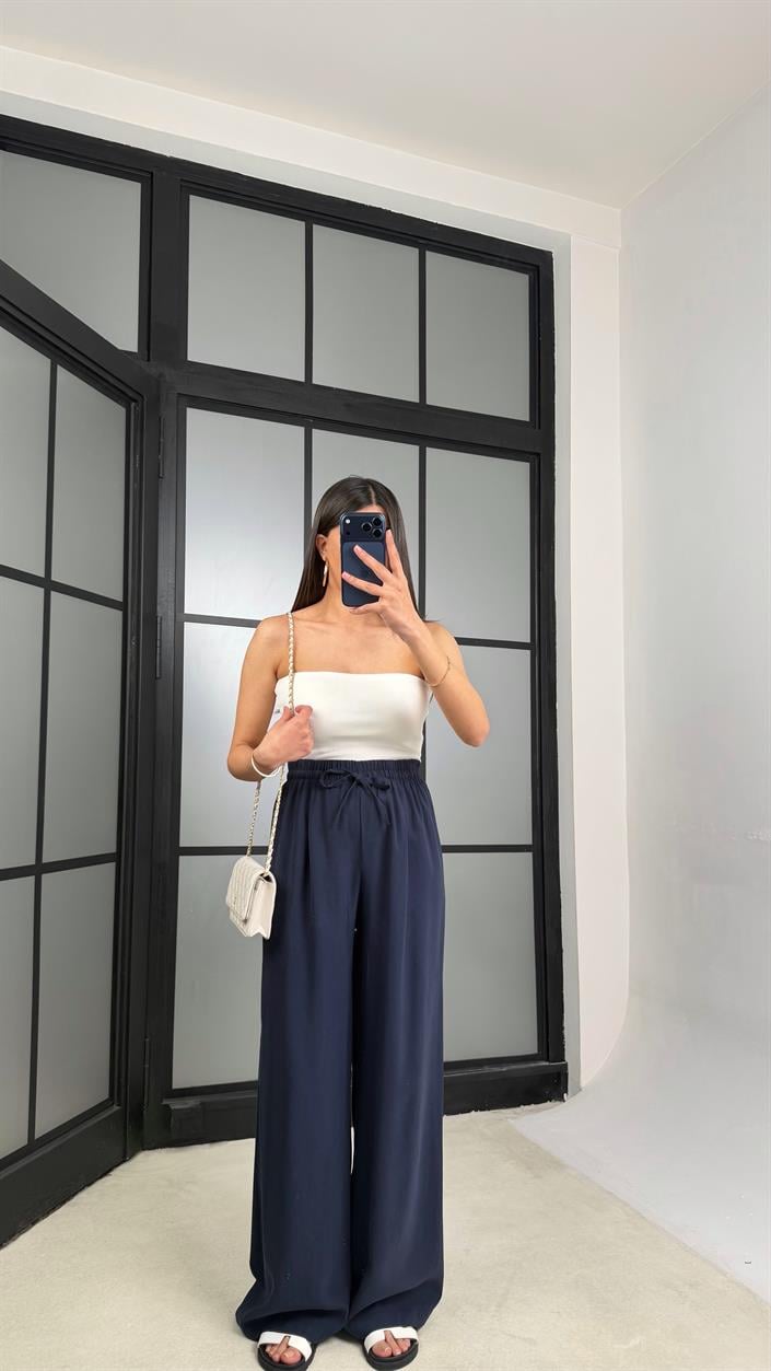 Lacivert Beli Lastikli Tencel Pantolon GAUS-01331