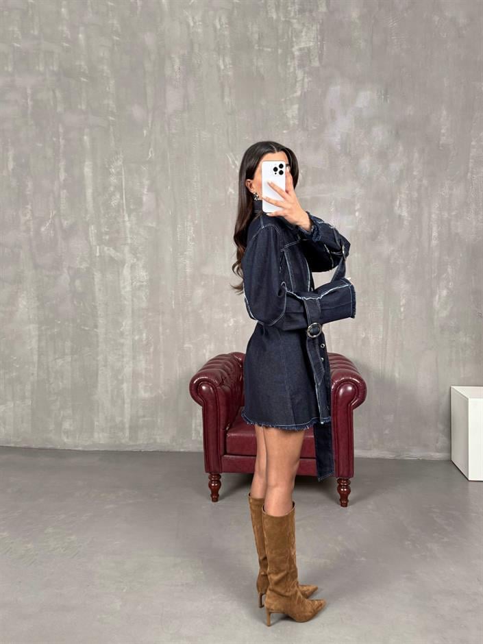 Karla Koyu Füme Kemerli Denim Elbise