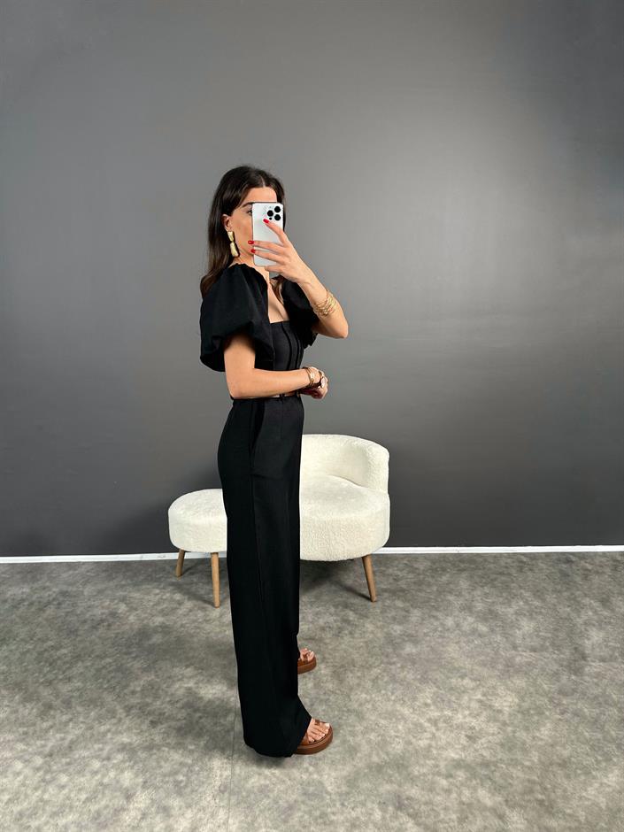 Nick Siyah Keten Kemerli Balon Kol Tulum