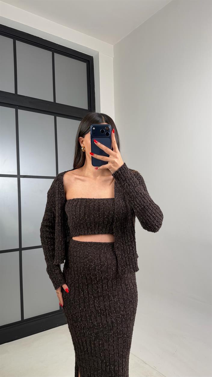 Acı Kahve Hırka Crop Beli Lastikli Yırtmaç Detaylı Etek Triko Takım GAUS-00969