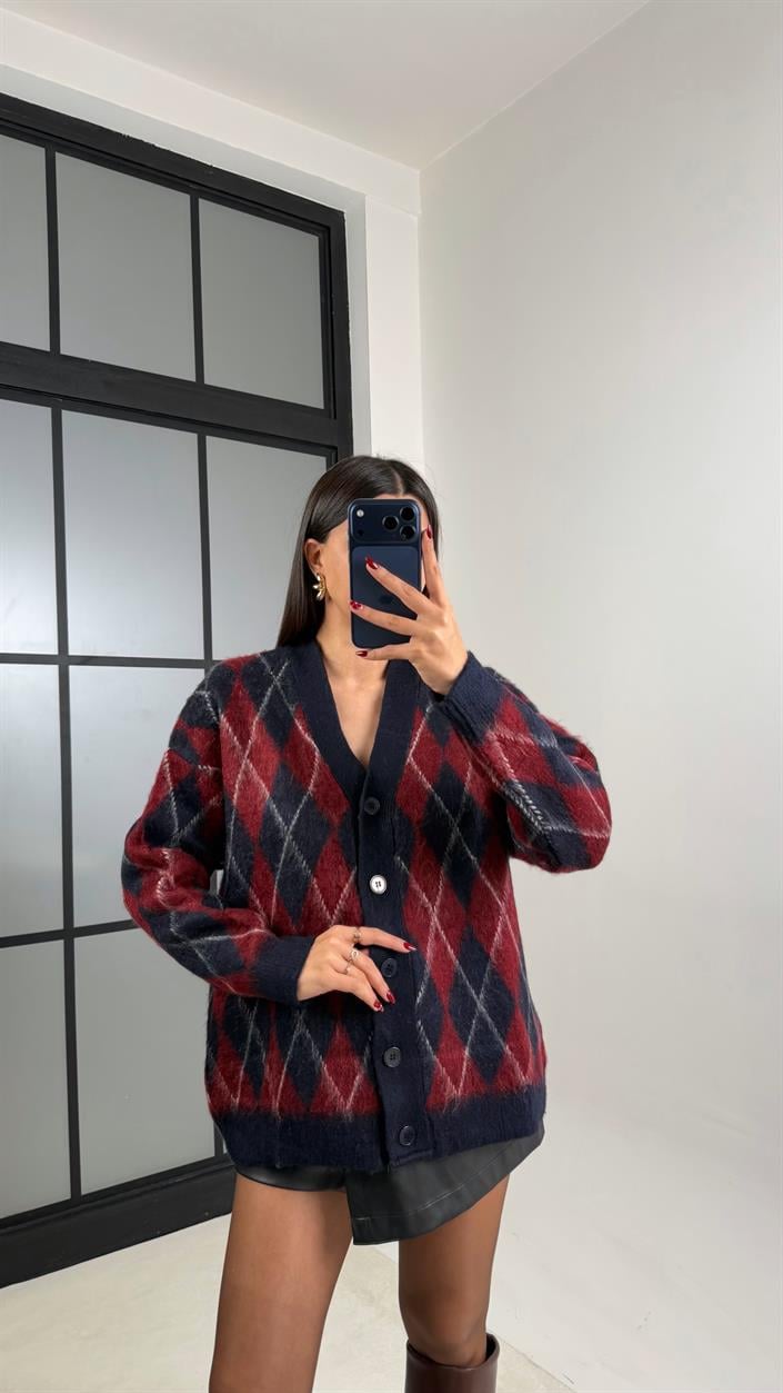 Bordo Baklava Desenli Triko Hırka GAUS-00627