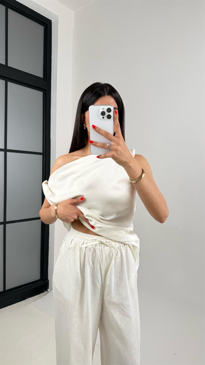 Beyaz Asimetrik Kesim Bluz Beli Lastikli Pantolon Tasarım Keten Takım Gaus00462