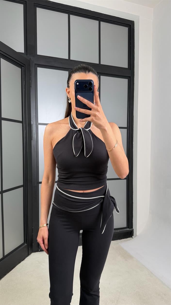 Siyah OYS Model Fiyonk Detaylı Crop Tayt Takım GAUS-01407