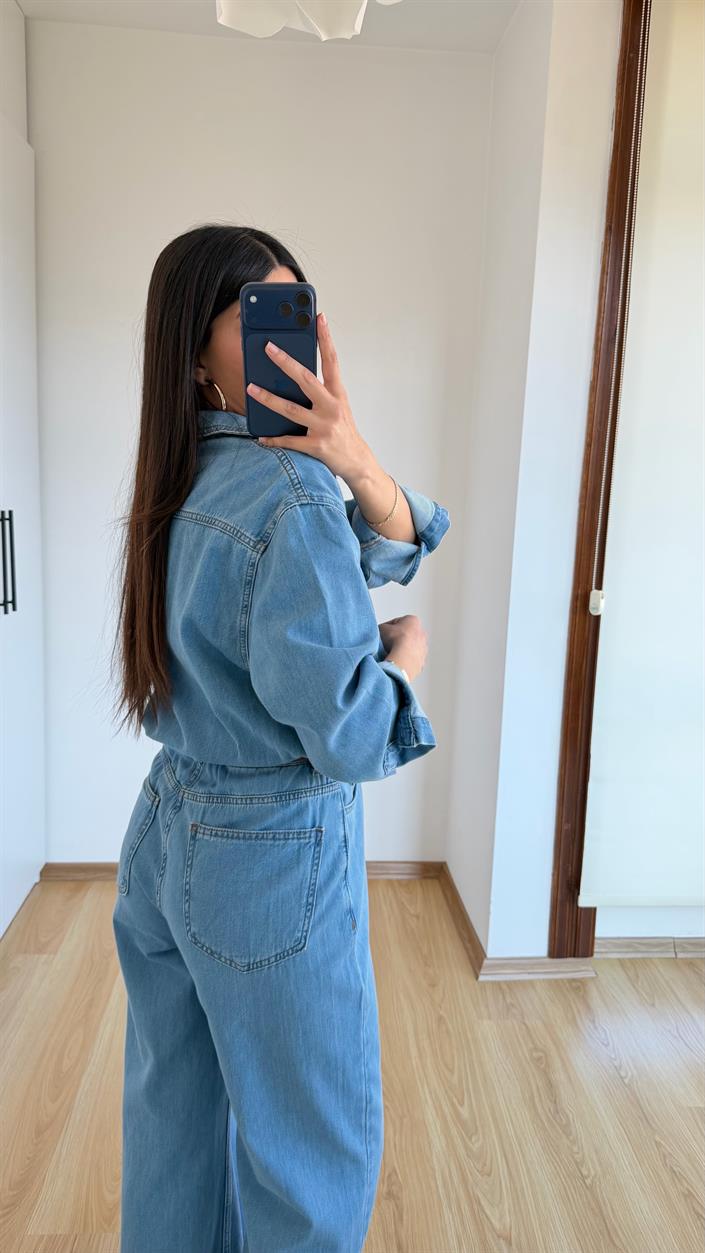 Mavi Beli Lastikli Tencel Denim Tulum GAUS-01394