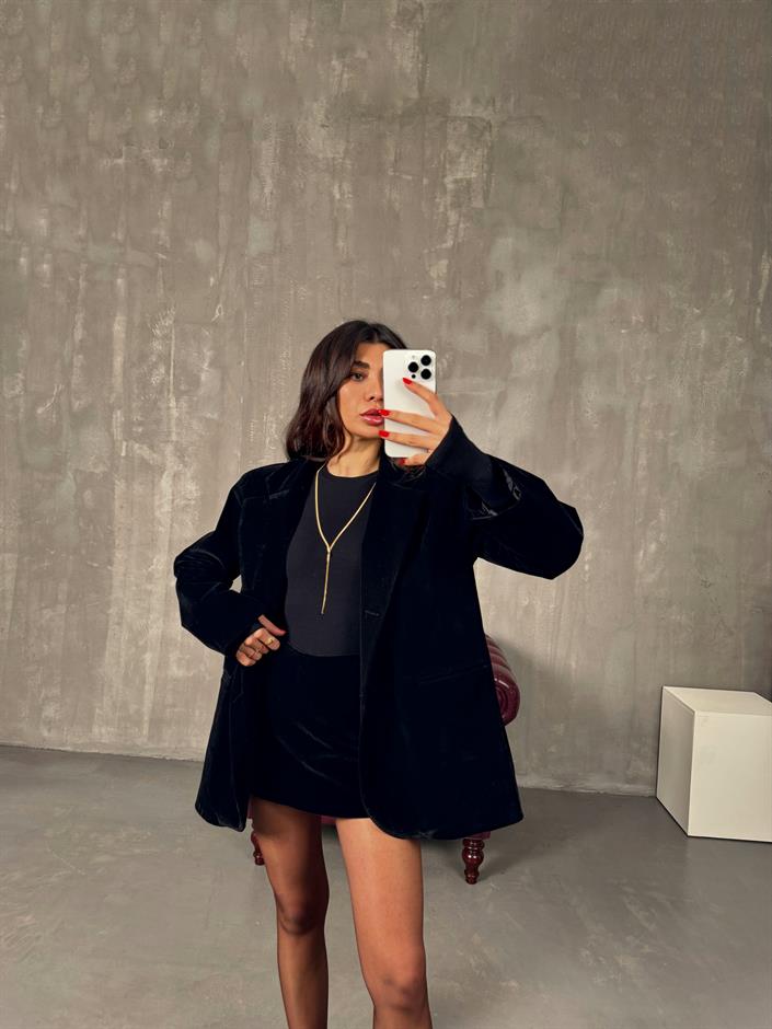 Cheer Siyah ZR Kadife Astarlı Ceket Şort Etek Takım