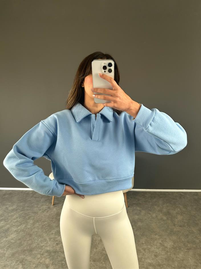 Mavi Polo Yaka Şardonlu Crop Sweatshirt