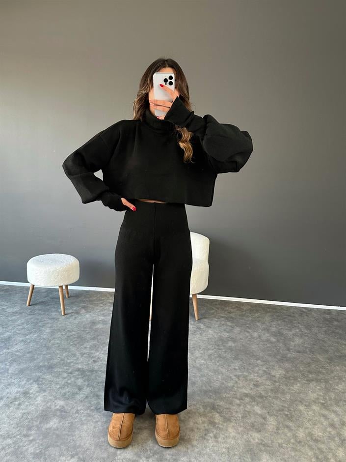 Li Siyah Crop Pantolon Triko Takım