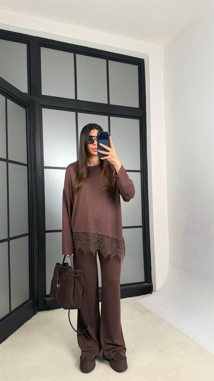 Kahve Dantel Detaylı Beli Lastikli Modal İkili Takım GAUS-01207