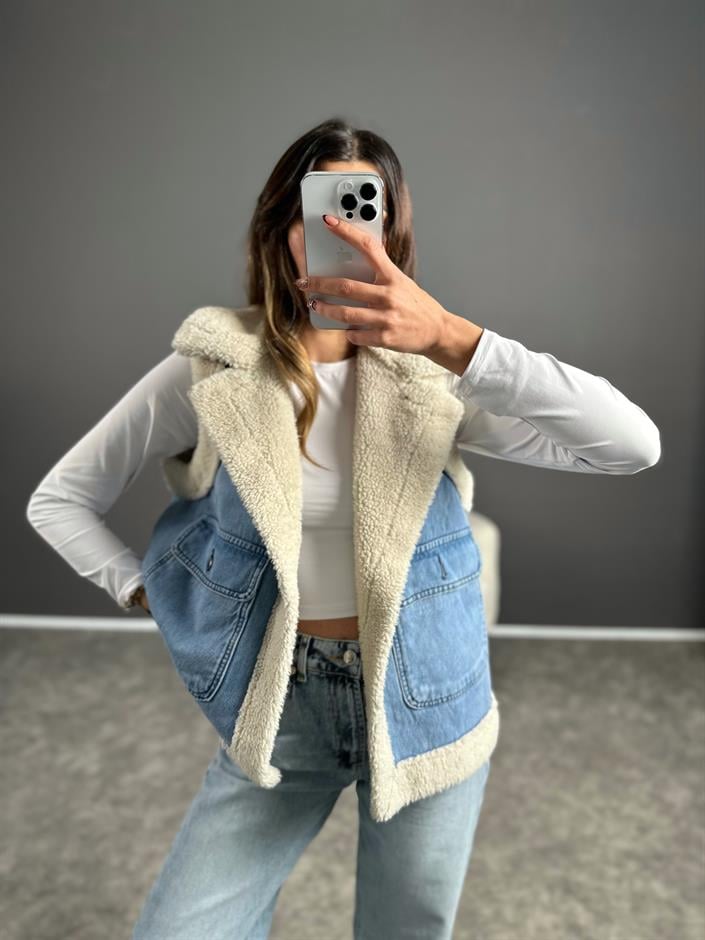 ZR Model İçi Kürklü Denim Yelek 