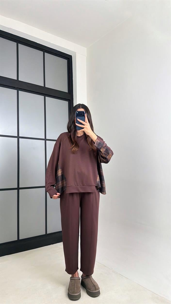 Kahve Ekose Detaylı Kazak Beli Lastikli Pantolon İkili Takım GAUS-00890