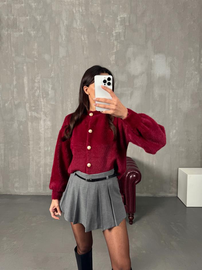 Talin Bordo İnci Düğmeli Yumuşak Triko Hırka