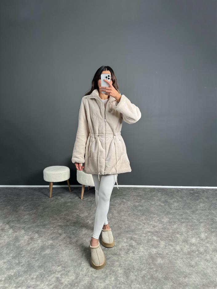 Rozy Krem Fermuarlı Astarlı Peluş Kürk Mont