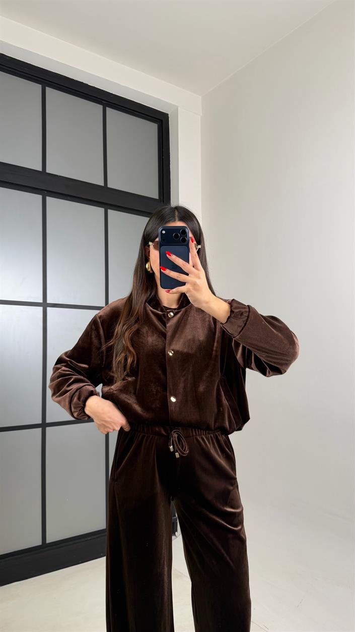 Kahve Çıtçıt Düğmeli Astarlı Ceket Beli Lastikli Pantolon Kadife Takım GAUS-00921